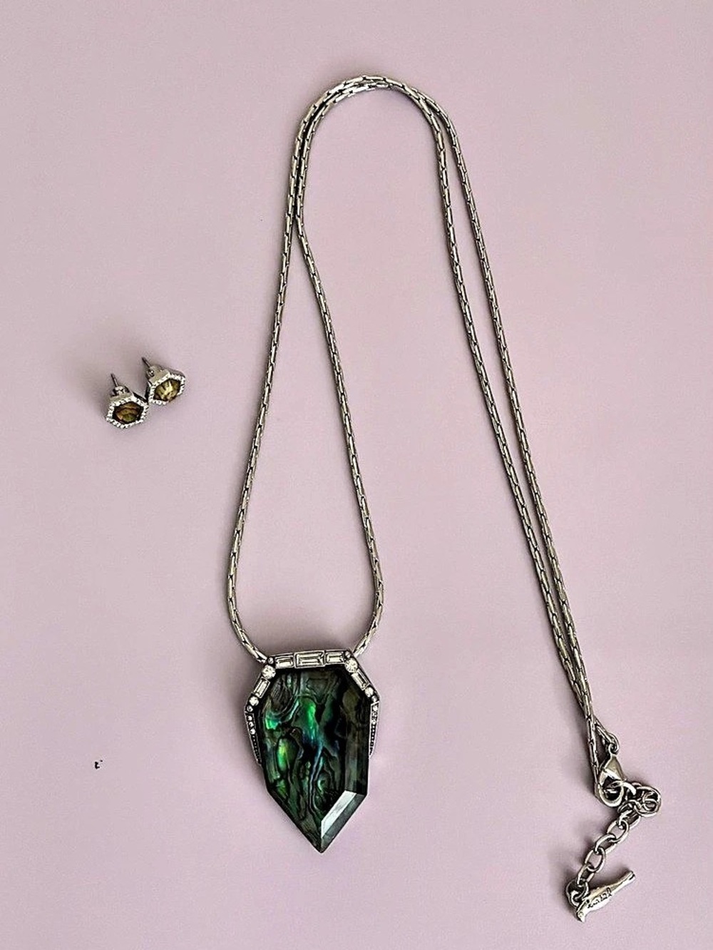 Green & Silver Pendant Necklace with Matching Earrings